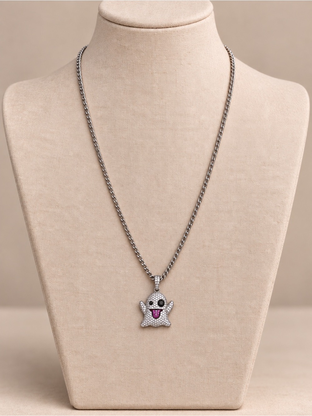 Iced Out Ghost Pendant Necklace Unisex – 24” Stainless Steel & CZ New